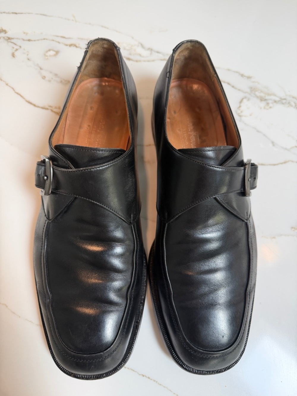 Salvatore Ferragamo Black Leather Single Monk Strap Oxfords